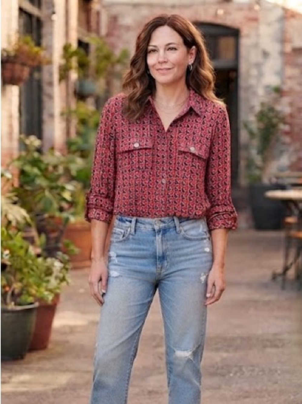 LOFT Leaf Geometric Printed Pattern Button-Front Utility Blouse Top Shirt Work